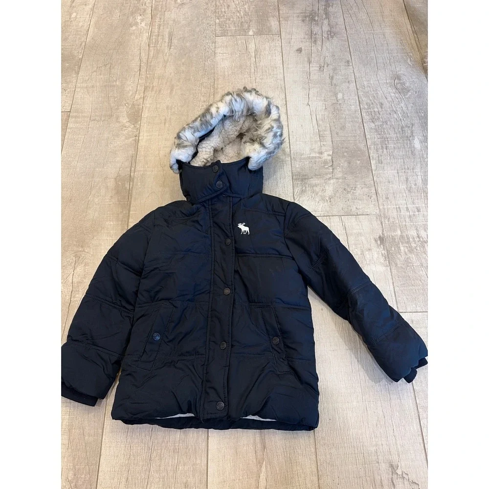 Abercrombie Kids Navy Blue Sherpa Lined Puffer Jacket Faux Fur Hood Size 5/6
